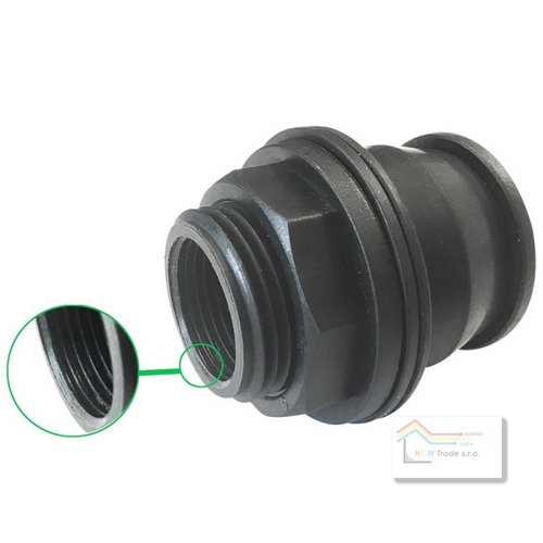 Prechod samosvorný "QUICK" M3/4"xF1/2" s prírubou,na nádrže,zosilnený PP,manžet