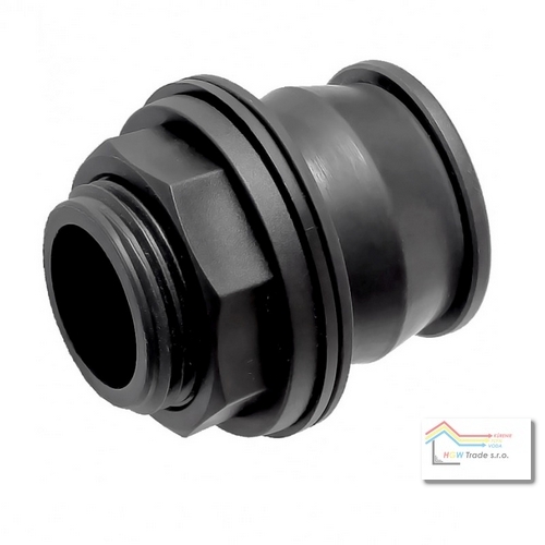 Prechod samosvorný "QUICK" M1"xF3/4" s prírubou,na nádrže,zosilnený PP,manžeta E