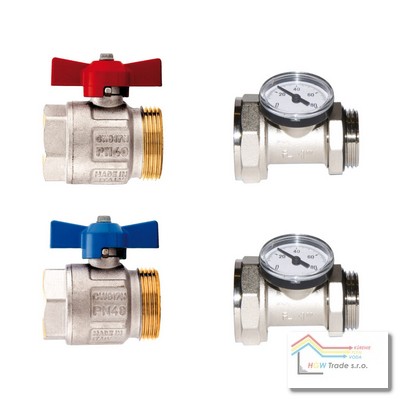 Set guľ.kohútov 1"(priame)+T-kus s teplomerom 492BC,modrý a červený motýľ