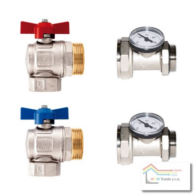 Set guľ.kohútov 1"(rohové)+T-kus s teplomerom 492BC,modrý a červený motýľ